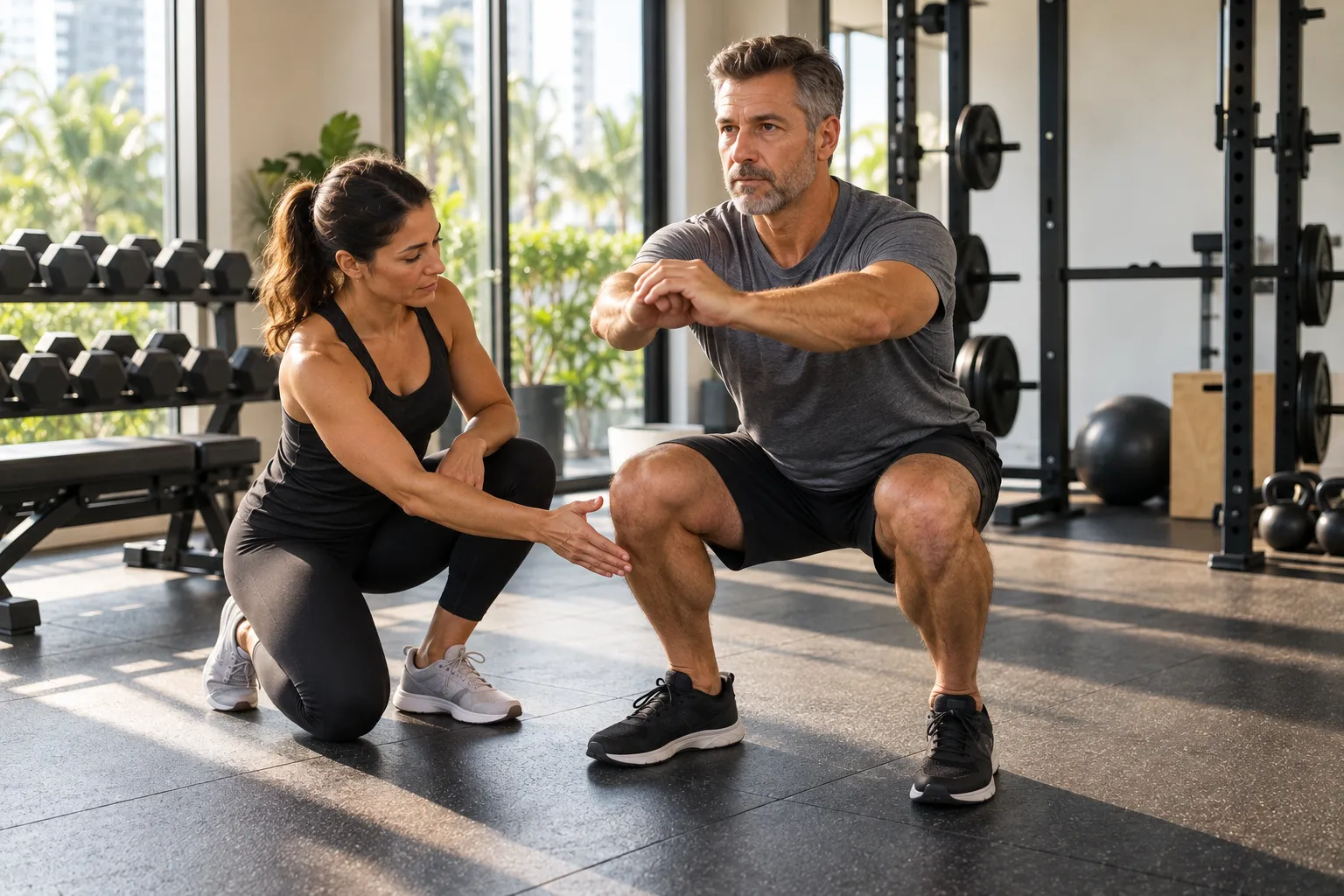 Personal trainer assessing client squat form during fitness evaluation and testing at a private gym in Miami