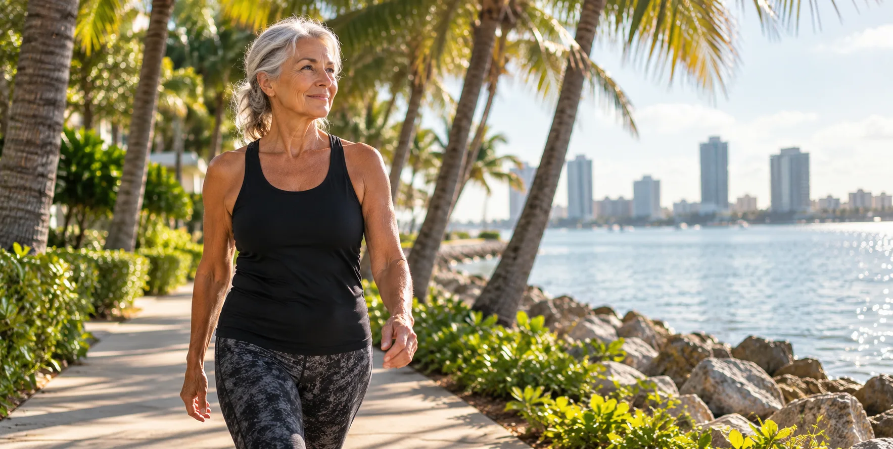 Mature Adult Fitness and Personal Training for Seniors in Miami Brickell Older woman walking along Miami waterfront as part of mature adult personal training and fitness program