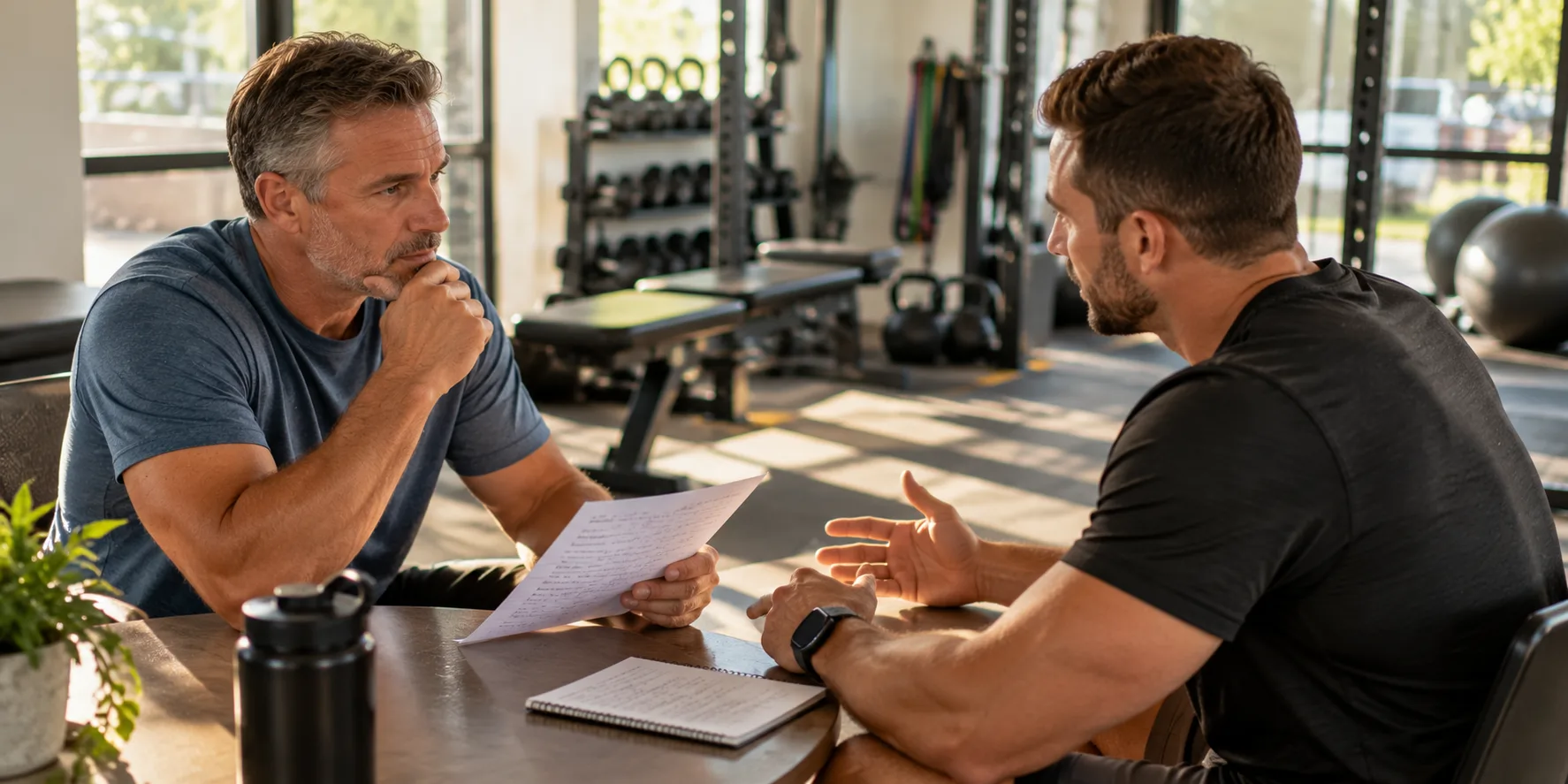 Hiring a Muscle Building Coach in Miami Private Studio Consultation in Brickell Man consulting with a muscle building coach in Miami during private studio meeting in Brickell