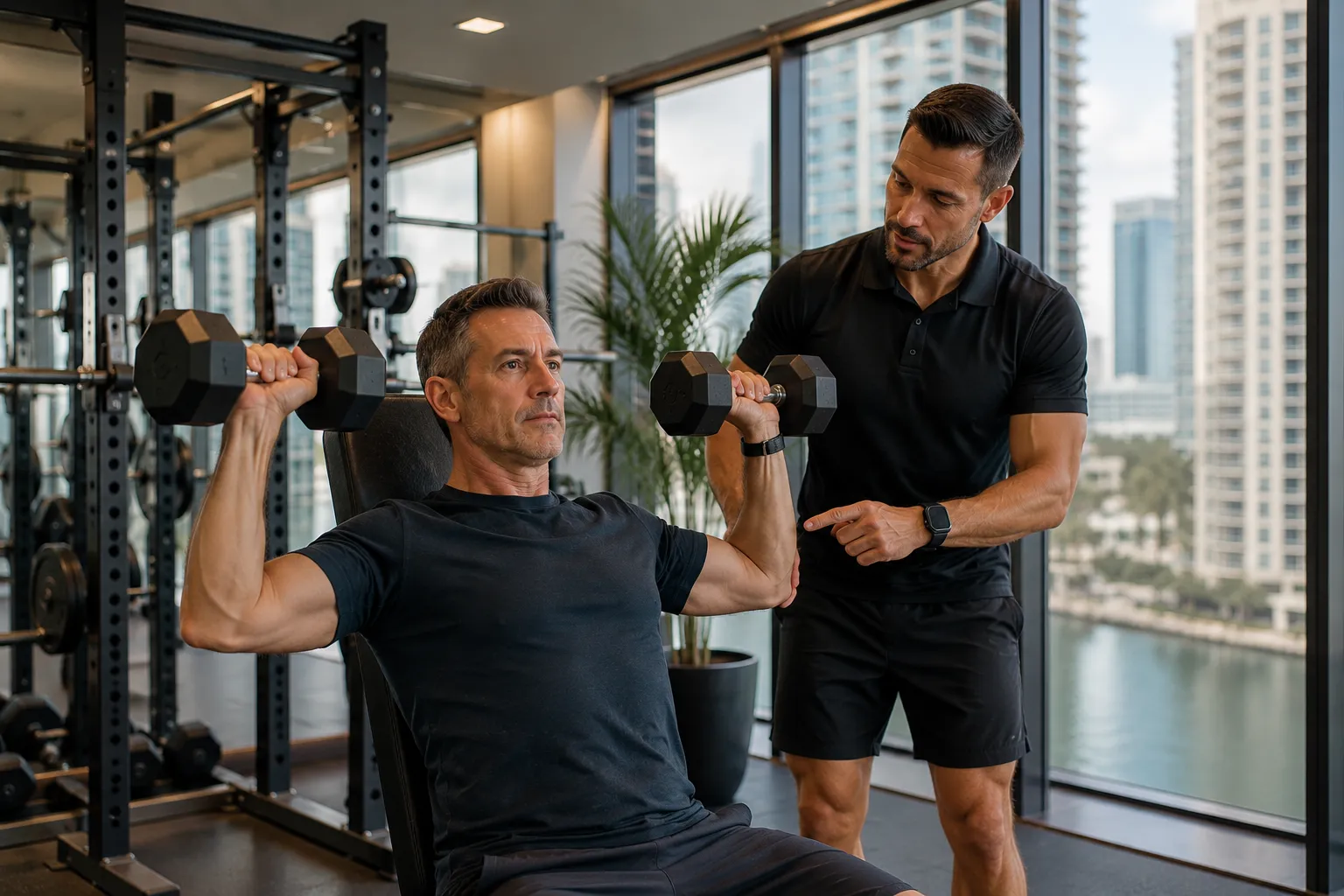 Man receiving one-on-one personal training from a coach at a private studio in Brickell Miami