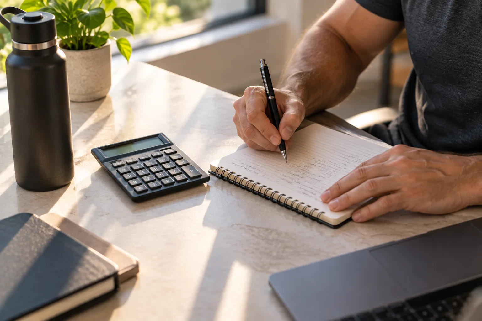Calculating ROI of Private Personal Trainer at Brickell Miami Studio Person calculating return on investment of private personal trainer in Miami with notebook and calculator
