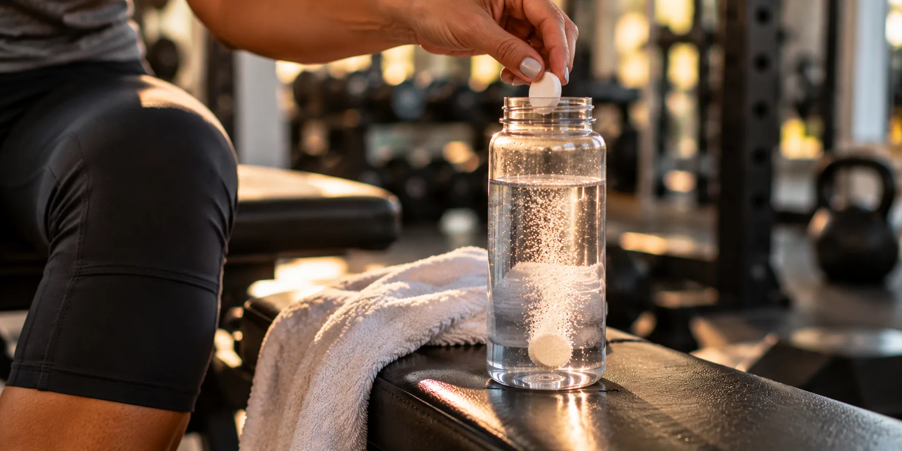 Resistance Training Program in Miami Humidity With Hydration and Electrolyte Recovery Electrolyte tablet dissolving in water bottle during resistance training program recovery in Miami
