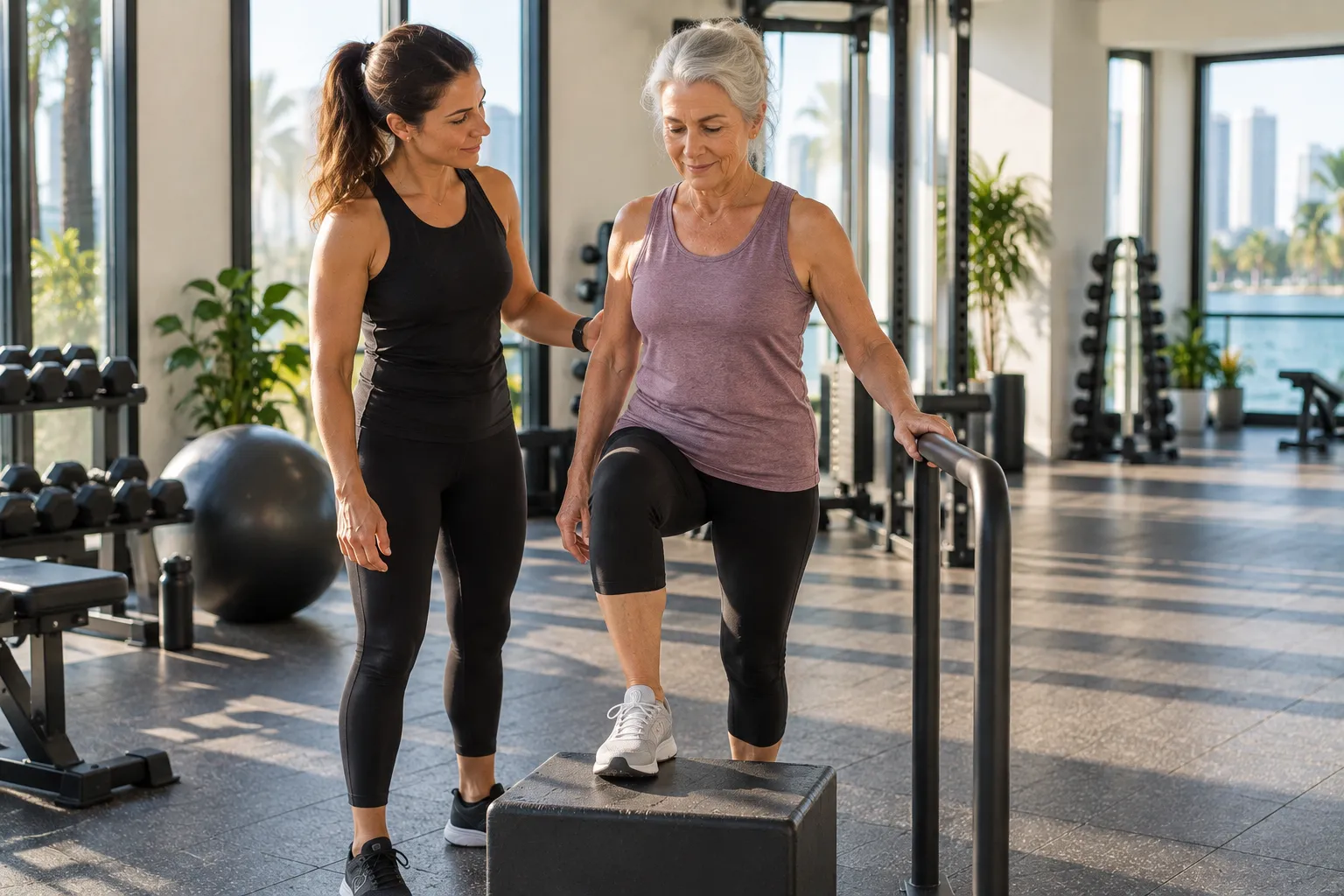 Older woman doing step-up exercise during senior strength training session at a private gym studio in Miami