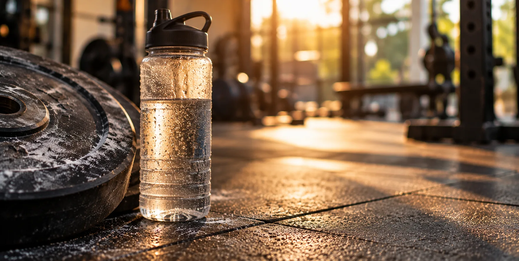 Strength Building Program in Miami Heat and Humidity at Private Studio Brickell Water bottle and weight plate on gym floor during strength building program in Miami heat and humidity