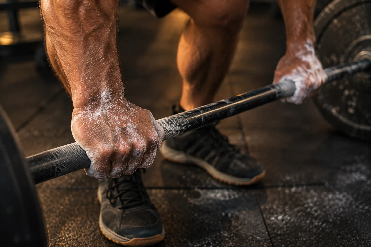 Strength Training Personal Trainer Correcting Form at Private Studio in Brickell Miami Chalked hands gripping barbell during strength training session with personal trainer in Miami